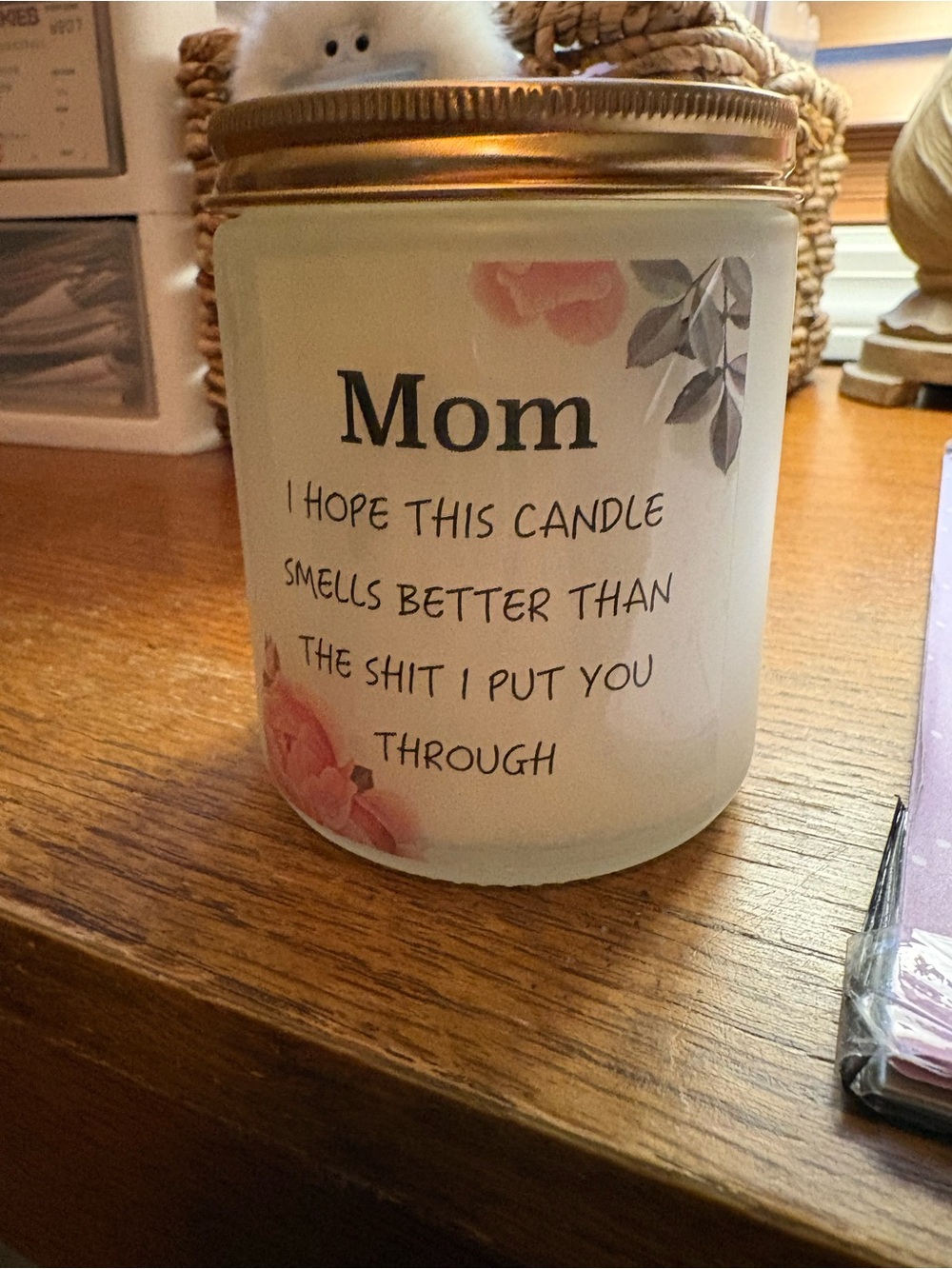 Mom Floral Jar Candle with Pink Accents and Humorous Message